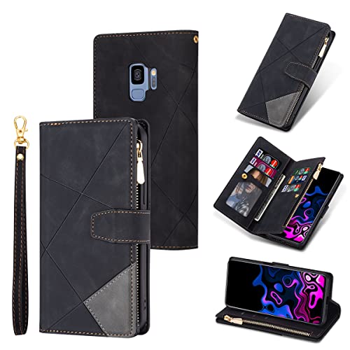 UEEBAI Wallet Case for Samsung Galaxy S9, 9 Card Holder Slots Zipper Pocket Handbag Wallet Magnetic Closure Kickstand with Wrist Strap TPU Shockproof Flip Case for Women - Diamond Black