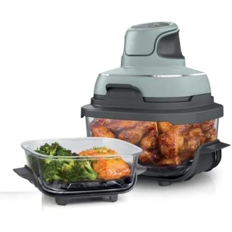 Portable Glass Air Fryer Cooking System 4- in-1, 4QT & 6 Cup Glass Containers with Storage Lids, Easy Meals, Microwave, Freezer & Dishwasher Safe, Air Fry, Bake & More, Cyberspace
