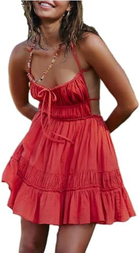 Yuemengxuan Women Backless Mini Dress 2026 Summer Dresses Y2K Spaghetti Strap Dress Flowy Sexy Beach Sundresses