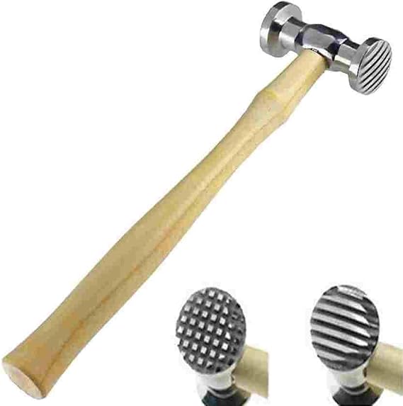 Texturing Hammer for Jewelry Making, Dual-Sided Metal Surface Design Hammer with Checkered and Striped Faces, Wood Handle, 10-3/4 Inch, for Copper, Brass, Silver and Soft Non-Ferrous Metals