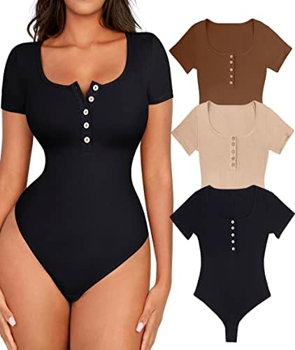 FeelinGirl 3 Packs Short Sleeve Bodysuit for Women Henley Tops Ribbed Cotton T Shirts Summer Scoop Neck Casual Shirt