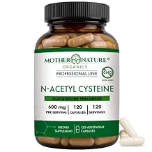 Mother Nature Organics NAC 600mg, Glass Bottle, N-Acetyl Cysteine Antioxidant Glutathione Precursor, Liver & Lung Support, Immune, Respiratory Health, and Detox (120 Count)
