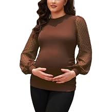 Bhome Mock Neck Maternity Shirt Ribbed Knit Maternity Blouse Mesh Long Sleeve Fitted Pregnant Top