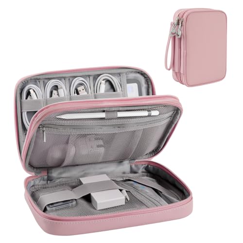 Travel Accessories Case for Women, Large Cord Organizer Bag for Airplane Essentials & Tech Electronics, 2 Layers Pink