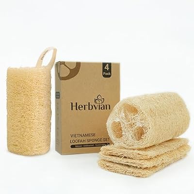 Natural Vietnamese Loofah Sponge, 100% Plant-Based Luffa Exfoliating Body Scrubber for Shower, Multi-Functional for Kitchen, Ideal for Men & Women, Spa & for Pet Pack 4