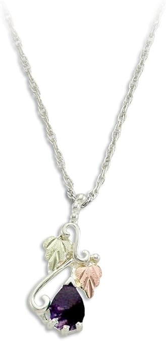 Created Amethyst Pear February Birthstone Pendant Necklace, Sterling Silver, 12k Green and Rose Gold Black Hills Gold Motif
