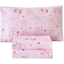 WINLIFE Pink Bow Kids Sheet Set Twin Size, 3 Pcs Girls Pink Bowknot Heart Dots Printed Bed Sheets, Soft Microfiber Deep Pocket Kids Bedding