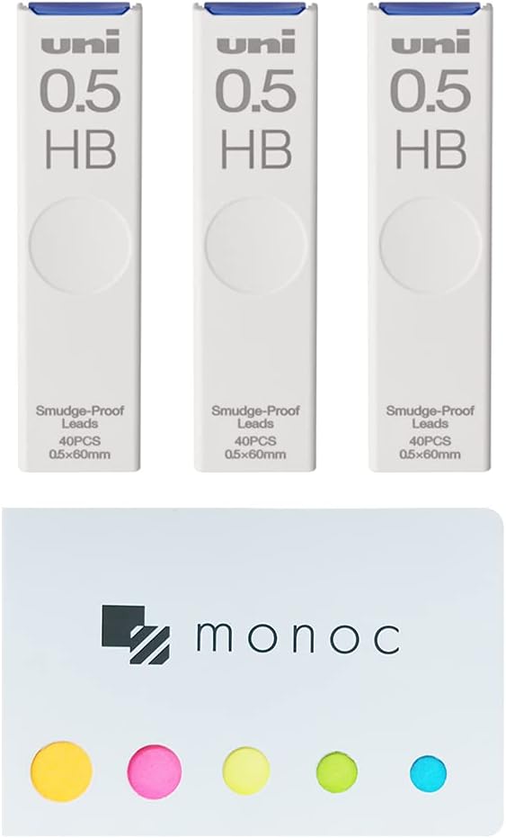 Uni Pencil Lead,"The Uni" Smudge-Proof Leads, 0.5mm HB, 40 Leads x 3 Pack &"monoc" Sticky Note(Japan Import)
