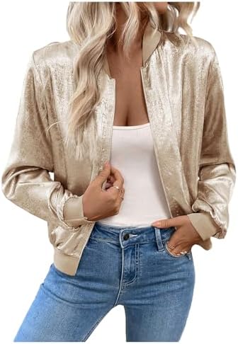 SHENHE Womens Metallic Bomber Jacket Lightweight Zip Up Long Sleeve Fashion Jacket Outwear