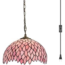Tiffany Pendant Light Plug in, 12 inches Stained Glass Hanging Lamp, 39 Inch Chain, 15 Feet Cord Living Room Bedroom Kitchen Dining Room Office (Pink Wisteria)
