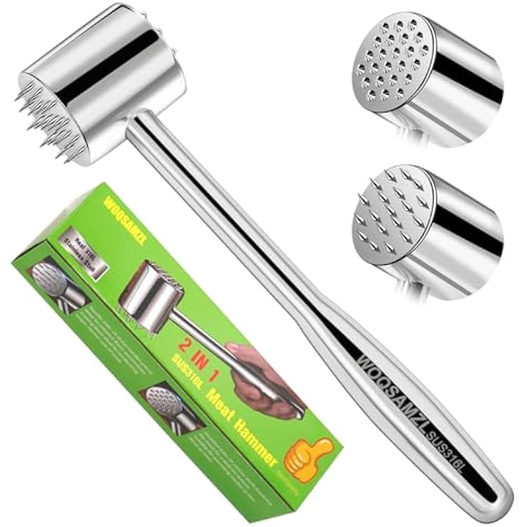 2-in-1 Real 316L Stainless Steel Meat Tenderizer Mallet Hammer,Dual-Sided Meat Tenderizer Tool with 19 Sharp Needle Spikes,Heavy Duty 1.09lb Versatile Kitchen Pounder,Solid & Dishwasher Safe