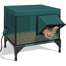 Outdoor Cat Shelter, Weatherproof Elevated Base Heated Cat House, Cat House for Outside Winter with Safe Escape Door & Magnetic Lock (Green S)
