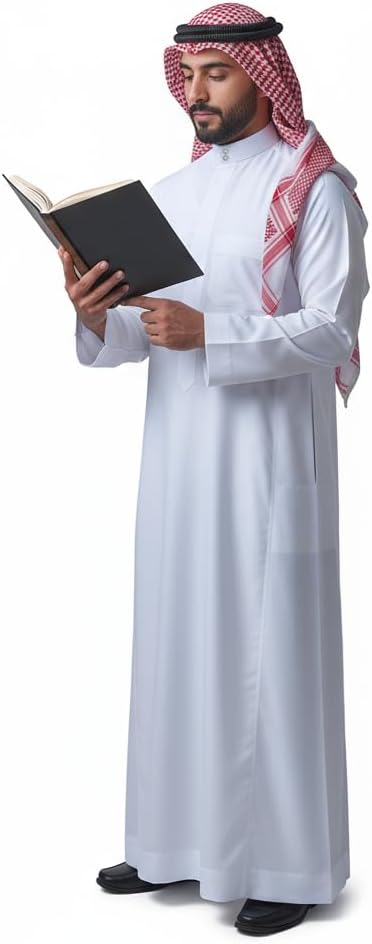 Men's White Thobe, Long Sleeve Arabic Robe with Stand Collar and Pocket