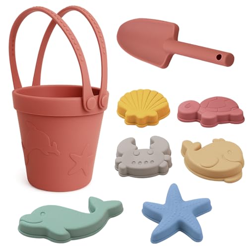 Silicone Beach Toys for Toddlers, Collapsible Sand Bucket & Shovel Set, for Kids 1-3 3-5, Travel Essentials with 6 Animal Shapes for Boys & Girls