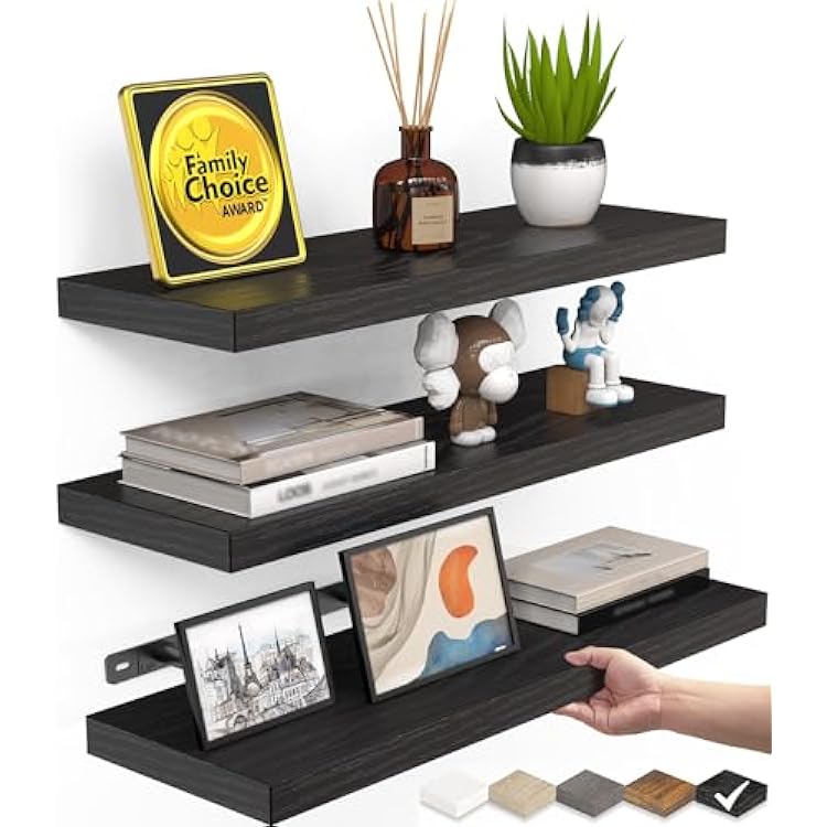 BAYKA Floating Shelves for Wall, Wall Mounted Rustic Wood Shelves for Bathroom, Bedroom, Living Room, Kitchen, Hanging Shelf for BooksStorageRoom Decor with 22lbs Capacity Black, Set of 3, 15.7in