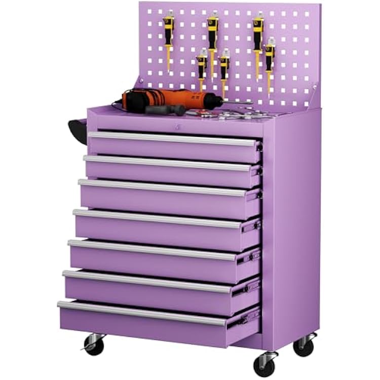 INTERGREAT 7 Drawers Rolling Tool Box with Pegboard,Portable Tool Chest with Wheels, Tool Box Organizer with Locking System for Garage, Purple
