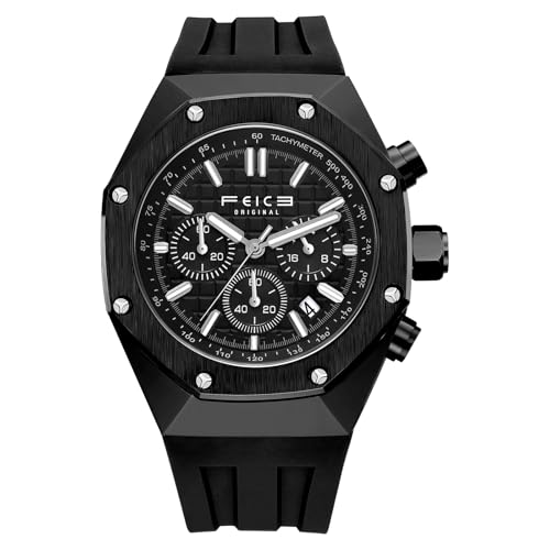 FEICE Watches for Men Classic Chronograph Waterproof Sport Mens Watches Multifunction Analog Quartz Watch Silicon Strap Luminous Business Wristwatch FK052 Black