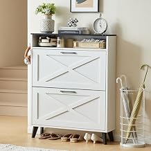 Joaxswe Shoe Cabinet Storage for Entryway with 2 Flip Drawers 2 Hook Open Storage Layer Rack Narrow Organizer Slim Hidden Wood Shoe Cabinet Furniture White