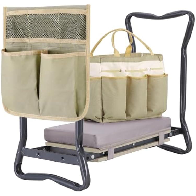 Ohuhu Upgraded Garden Kneeler and Seat 2-in-1 Foldable Gardening Stool with Detachable Soft Kneeling Pad, Garden Bench Heavy Duty with Large Tool Bag and Pouch, for Women Men Gardener