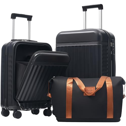 Merax Luggage Sets Front Opening, 2 Piece Hardshell Suitcase with Spinner Wheels and Bags,Lightweight Carry on Luggage with USB Port,2024,Black