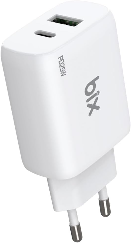 Bix ZH-2U41T 25W PD 3.0 Type-C & USB-A Dual Port Fast Charging Adapter Compatible with Huawei, iPhone 15/14/13/12/Pro Max, iPad Air/Pro and More