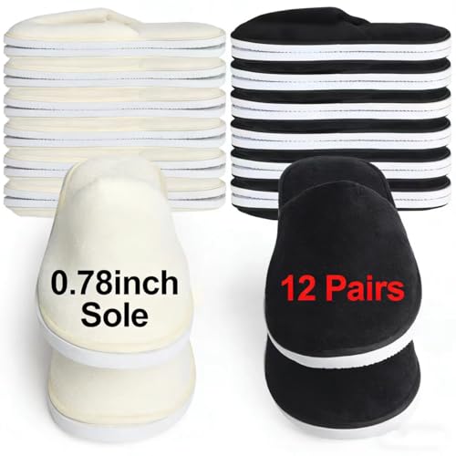 Yeios Disposable Slippers for Guest 12 Pairs Hotel Slippers Spa Slippers for Travel,0.78inch Extra Thick Sole 180GSM Coral Fleece Non-slip Reusable Washable,Two Size for Women and Men Beige and Black