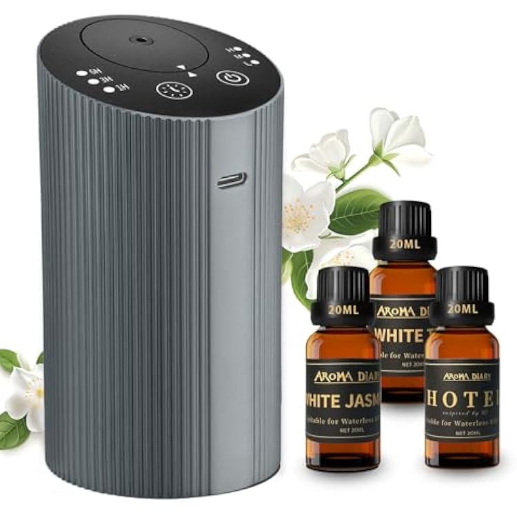 Waterless Essential Oil Diffuser Starter Kit for Home Car Office, Small Scent Diffuser with 60mL Fragrance Oil, Battery Operated, Portable Aromatherapy Diffuser Machine,Silvergrey with Hotel Scent