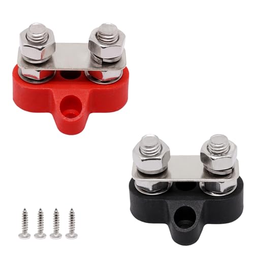 Bus Bar 250A, 38 Studs Power Distribution Blocks, Battery Buss Bar, 12V- 48V DC Positive & Ground Battery Busbar with Cover for Car Boat RV Solar Electrical System, Red & Black 2Pcs