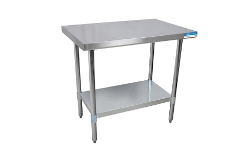 BK Resources VTT-2424 18 Gauge Stainless Steel Flat Top Table with Galvanized Undershelf and Legs, 24" x 24", 34.75" Height, 24" Width, 24" Length