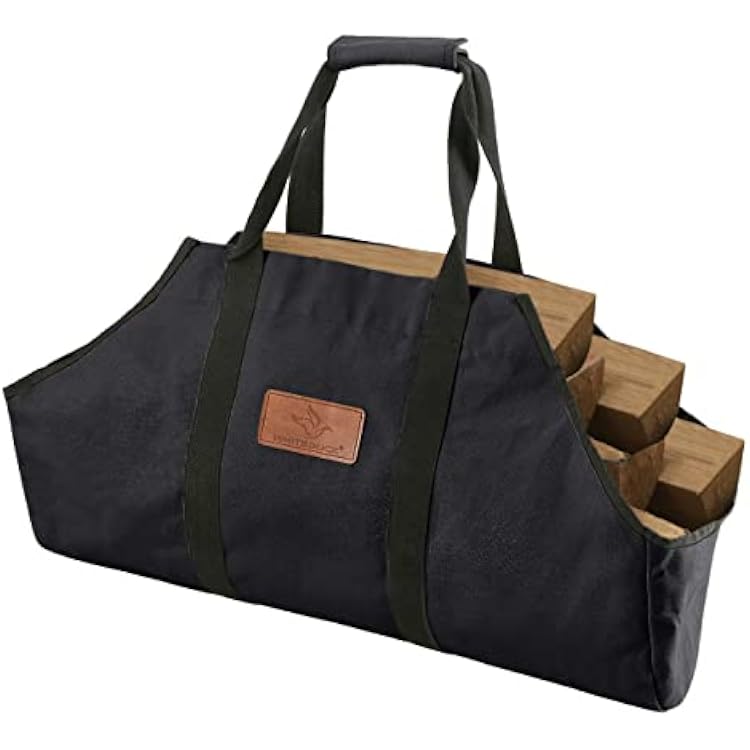 WHITEDUCK TUFF Large Firewood Carrier 21 Oz. Heavy Duty Waxed Canvas Log Carrier Holder for Fireplace, Carrying Wood Indoor & Outdoor Black, Boat Shape 26x17x9