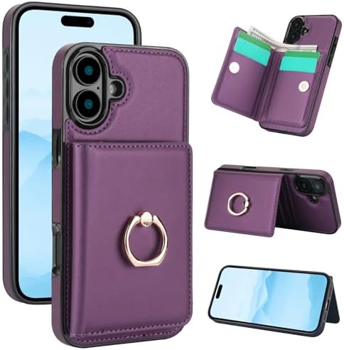 TIANLI Compatible with iPhone 16 Wallet Case with Card Holder, 360 Rotation Ring Kickstand RFID Blocking PU Leather Double Magnetic Clasp Shockproof Cover for Women Man,Dark Purple