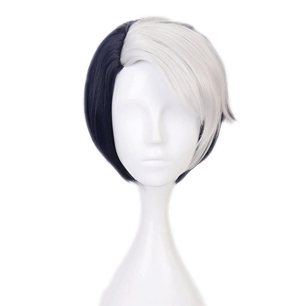 Divus Crewel Cosplay Wigs for Men Twisted Wonderland Costume Adult Wig Half Black Half White Mixed Color Bob Wigs