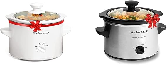 Bundle of Elite Gourmet MST-250XW 1.5 Quart Electric Slow Cooker Ceramic Pot, White + Elite Gourmet MST-250XS 1.5 Quart Slow Cooker, Stainless Steel, Adjustable Temp, Dishwasher Safe Glass Lid
