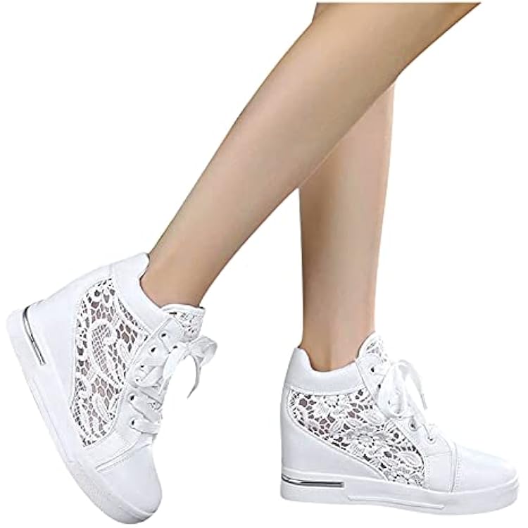 High Heeld Wedge Sneakers for Women, Ladies Hidden Heel Sneakers Dressy Lace Up Shoes High Top Sneakers Fashion Canvas Shoes Breathable Mesh Casual Platform Sneakers A-White, 8