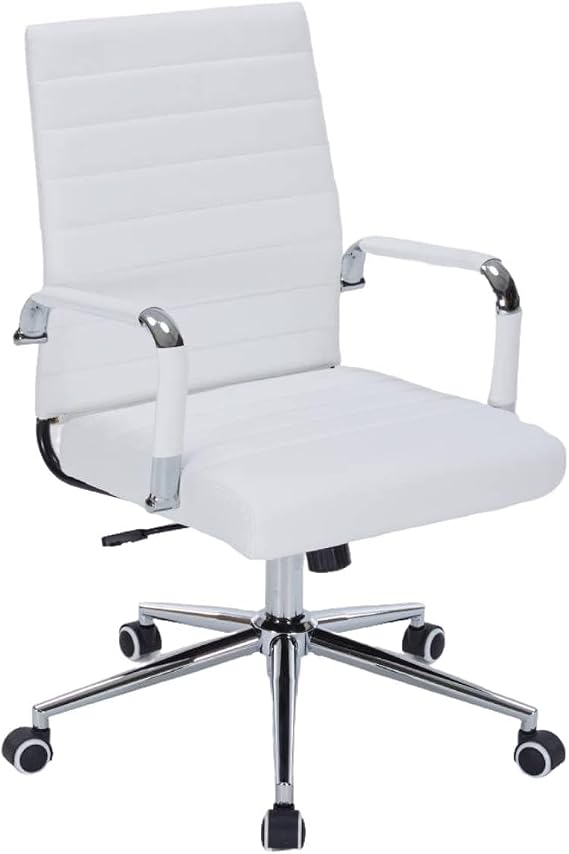 White Desk Chair with Wheels, Leather Office Chair with Back | Ergonomic Mid-Back Office Chair with Arms, Executive Swivel Rolling Chair for Office, Home Workspace and Conference Room