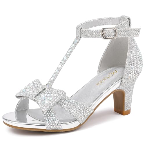 Girl Dress Shoes Girls High Heel Sandals Pump Open Toe T Strap Rhinestone Sandals Wedding Party Prom Shoes Little Big Kids