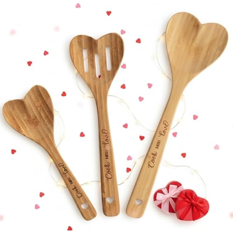 Yinder 3 Pcs Wooden Heart Shaped Spoons Bamboo Kitchenware Engraved Heart Spoons for Kitchen Wedding Gifts for Women Mom Wife Hostess, Cook with Love, Weddings, Birthday
