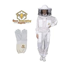 Premium Ventilated Beekeeping Suit & Goatskin Gloves & Bee Family Stickers - YKK Metal Zippers - Men & Women - TOTAL PROTECTION - Self-Supporting Round Veil - Easy On & Off - 8 Pockets (XS)