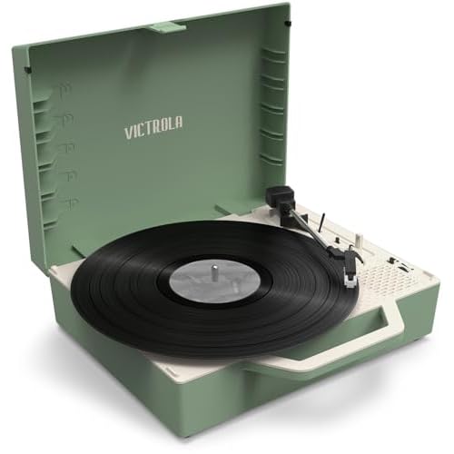 Victrola Re-Spin Sustainable Suitcase Vinyl Record Player, 3-Speed 33 13, 45 & 78 RPM, Belt-Driven Bluetooth Turn Table with Built-in Bass Radiator, 3.5mm Headphone Jack Basil Green