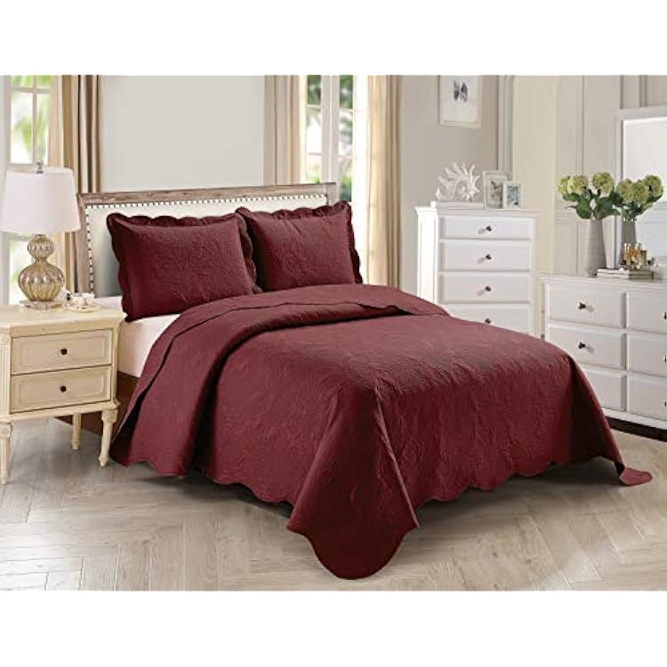 Home Collection 3pc FullQueen Over Size Elegant Embossed Bedspread Set Light Weight Solid Burgundy New# Stacy