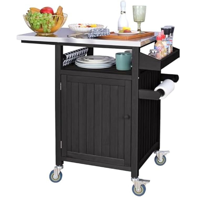 COOLBEBE Movable Outdoor Table Solid Wood Grill Car for Outside, Portable Outdoor Grill Car Table with Stainless Steel Top, Spice Rack Portable Outdoor Cooking Table with Storage