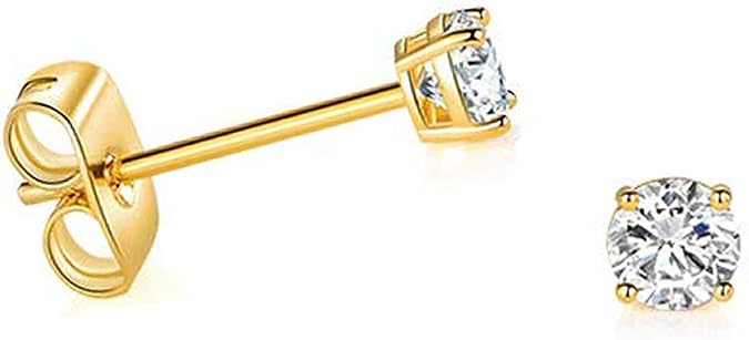 Solid 14k Yellow Gold Solitaire Round Cubic Zirconia CZ Stud Earrings with 14k Gold Butterfly Push Backings
