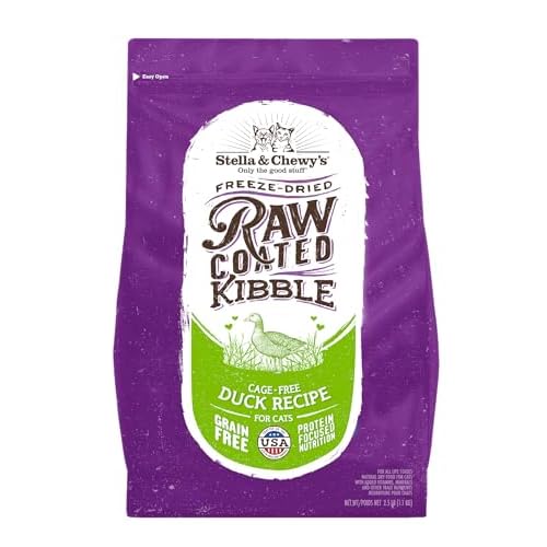 Stella & Chewys Raw Coated Cat Food - High Protein, Grain-Free Kibble with Cage-Free Duck - Premium Digestive Support with Probiotics - Natural Small Kibble - Perfect For Picky Eaters - 2.5 lb Bag