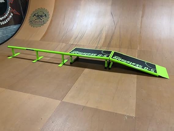Ramptech 5-0 Fly Rail Combo (2 - Skate Tables, 1- Round Rail) Weatherproof, Heavy-Duty Indoor and Outdoor Skateboard Ramp - Portable, Modular, Expandable, Connectable Skateboard ramp Lime Green