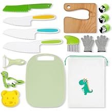 Kids Knife Set for Real Cooking, 15 PCS Montessori Kitchen Tools Kids Kitchen Knife Set with Wooden Safe Knife Serrated Edges Plastic Toddler Knife Cutting Board Crinkle Cutters