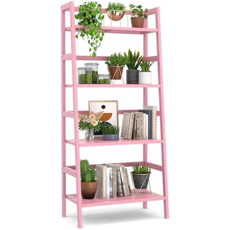 Homykic Bamboo Ladder Bookshelf, 4-Tier Ladder Shelf Open Book Shelf Freestanding Bookcase Bathroom Storage Rack Plant Stand for Living Room, Bedroom, Office, Easy Assembly, Pink