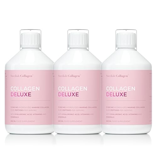 Swedish Collagen Deluxe | 12,500 mg Hydrolyzed Marine Collagen Liquid Supplement - 3 x 500 ml 1,500 ml in Total, 60 Day Supply | Hyaluronic Acid, Biotin & Vitamin C for Hair, Skin, Nails & Joints