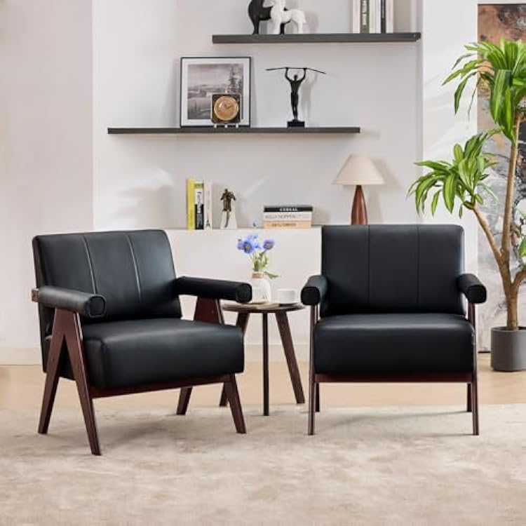 STHOUYN Black Leather Accent Chairs Set of 2, Mid Century Modern Accent Chair, Side Arm Chairs for Living Room, Office Guest Waiting Room Chairs 2, Black
