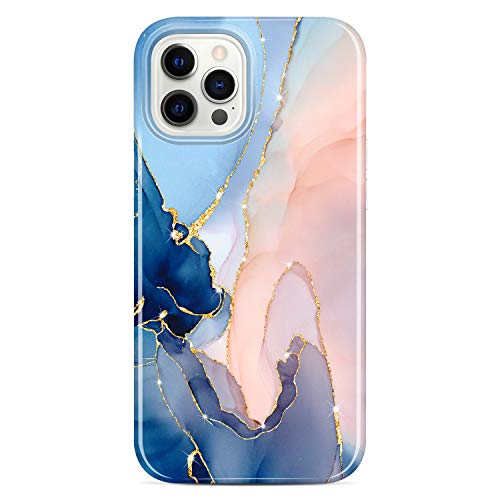 JAHOLAN Gold Glitter Sparkle Case Compatible with iPhone 12 and iPhone 12 Pro Marble Design Clear Bumper TPU Soft Rubber Silicone Cover Phone Case 6.1 inch Purple