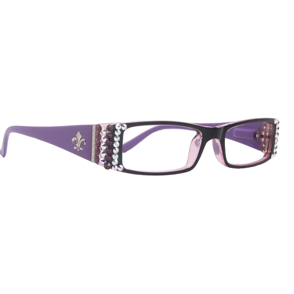 The French, Fleur De Lis, Rectangular Bling Women Reading Glasses Adorned with Amethyst  AB Aurora Borealis Genuine European Crystals, Amethyst Purple. NY Fifth Avenue